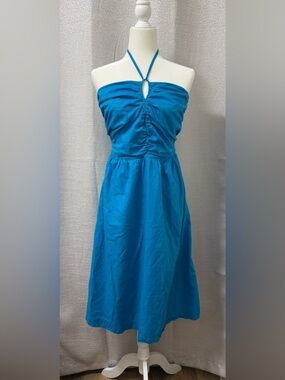 LOFT Women’s Blue Halter Ruched Smocked Midi Dress Size 10P Sundress, Vacation